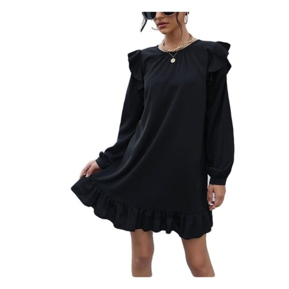 Women's Maxi Skirtwomen'S Black Long Sleeve Ruffle Splicing Loose Dress M